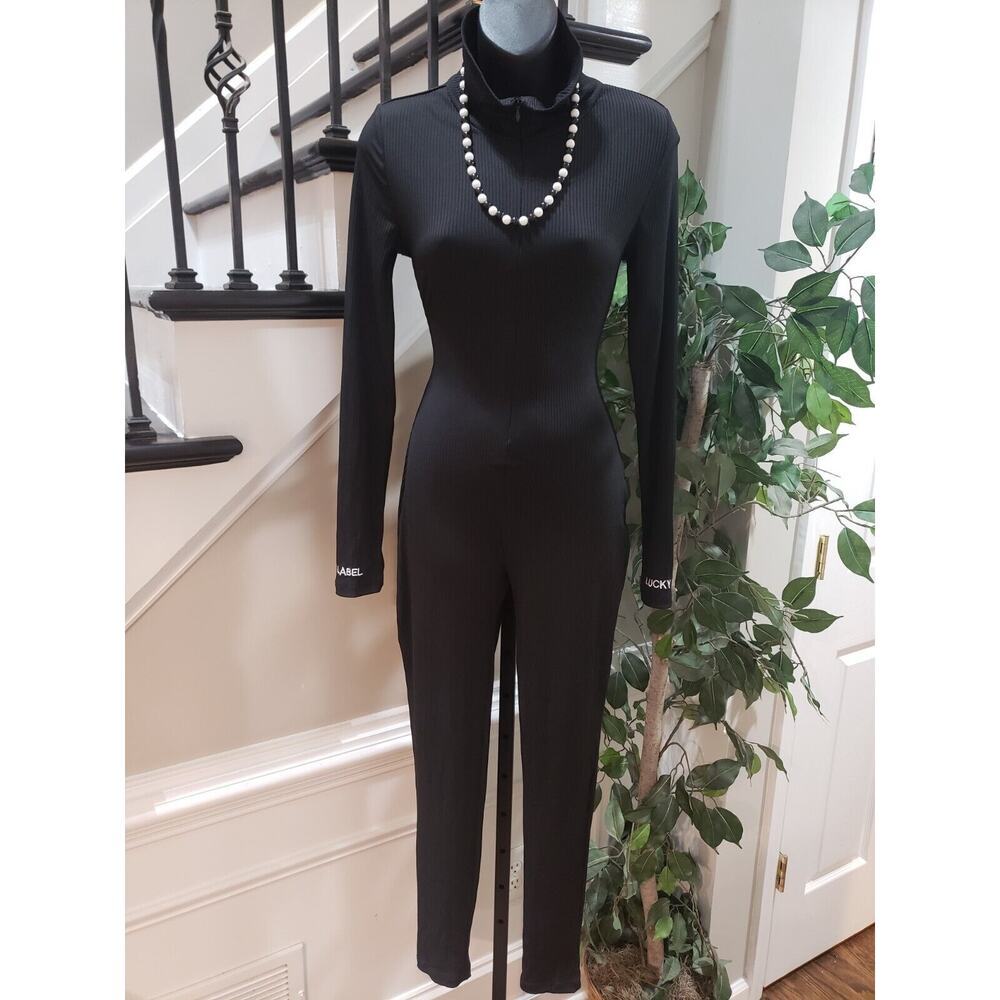 Lucky Label Womens Black Striped Ribbed Front Zip Long Sleeve Jumpsuit Size L